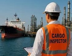 Inspector de ILC realizando inspección de hidrocarburos, con overol blanco con líneas celestes/azules/naranjas, chaleco de seguridad naranja y casco blanco.